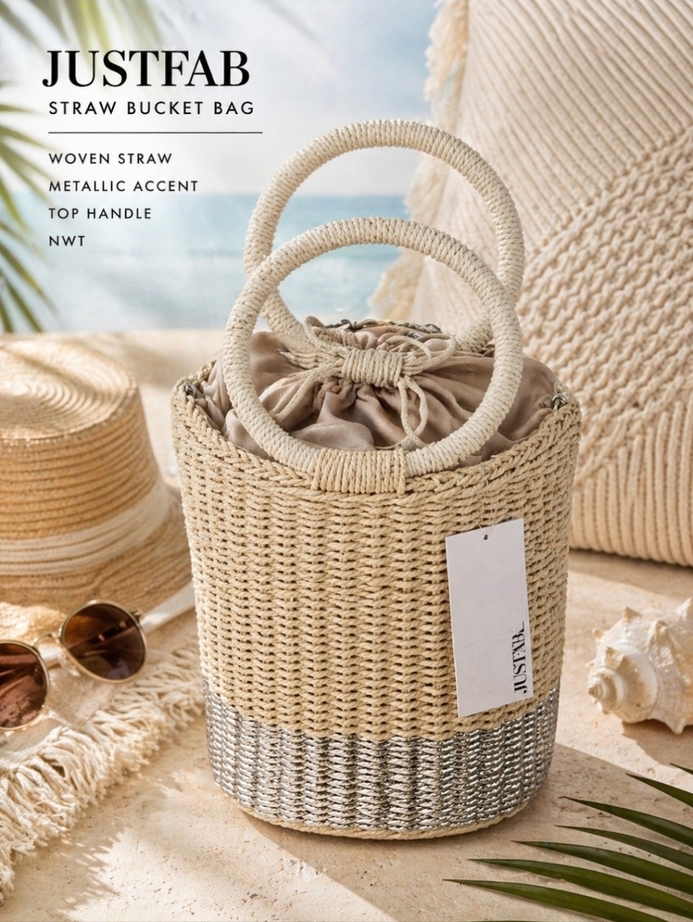 JustFab Straw Bucket Bag Purse Hobo Metallic Silver Woven Tote Boho Coastal NWT